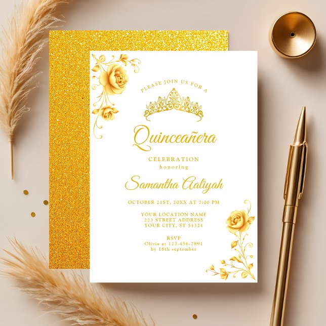 Elegant Golden Floral White and Gold Quinceanera Einladung (Von Creator hochgeladen)
