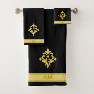 Elegant Golden Flower, Monogram & Stripe on Black Badhandtuch Set