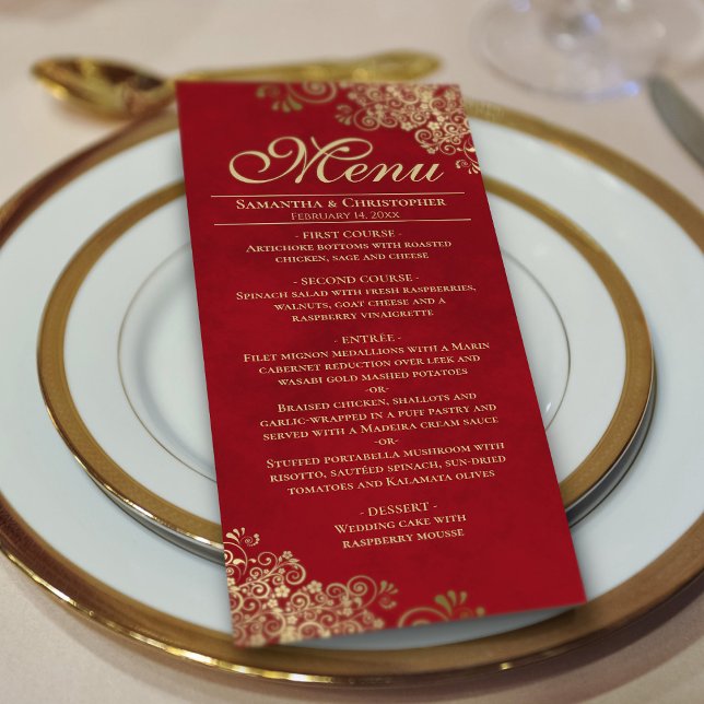 Elegant Golden Frills on Crimson Red Wedding Menükarte (On Plate)