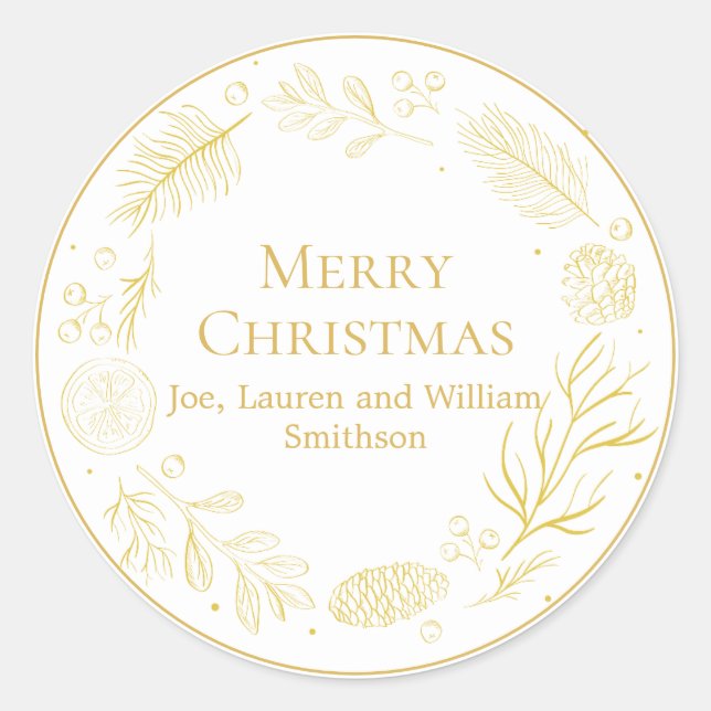 Elegant Golden Leaves & Berries Merry Christmas Runder Aufkleber (Vorderseite)