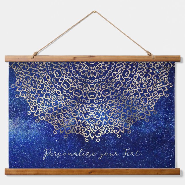 Elegant Golden Mandala Trippy Psychedelic Hippie Wandteppich Mit Holzrahmen (Vorne)