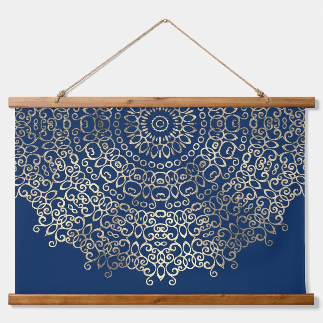 Elegant Golden Mandala Trippy Psychedelic Hippie Wandteppich Mit Holzrahmen (Vorne)