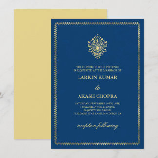Elegant Golden Paisley Dodger Blue Wedding Einladung