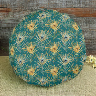 Elegant Golden Peacock Feathers on Boho Green Rundes Kissen