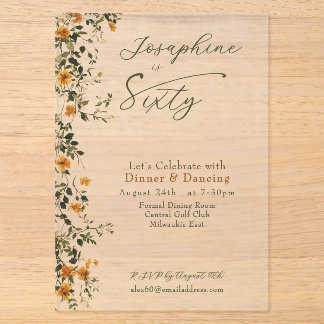 Elegant Golden Wildflower Named Sixtieth Birthday Acryleinladungen