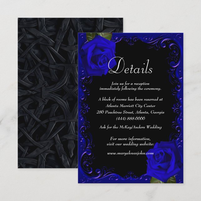 Elegant Goth Blue Rose Wedding Details Card (Vorne/Hinten)