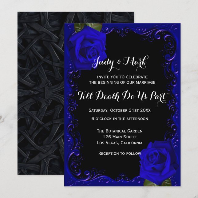 Elegant Goth Blue Rose Wedding Einladung (Vorne/Hinten)