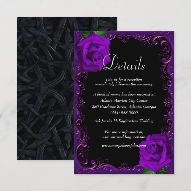 Elegant Goth Lila Rose Hochzeitsdetails Begleitkarte (Vorne/Hinten)