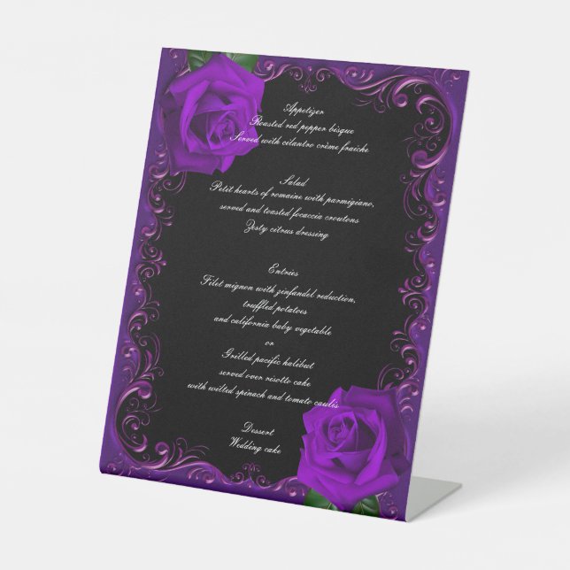 Elegant Goth Lila Rose Hochzeitsmenü Sockelschild (Vorderseite)