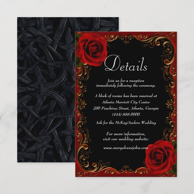 Elegant Goth Rote Rosen Hochzeitdetails Begleitkarte (Vorne/Hinten)