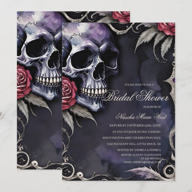 Elegant Gothic Skull & Red Roses Bridal Shower Einladung (Vorne/Hinten)