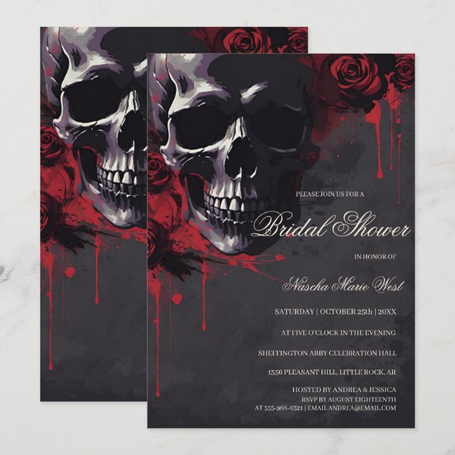 Elegant Gothic Skull & Roses Bridal Shower Einladung (Vorne/Hinten)