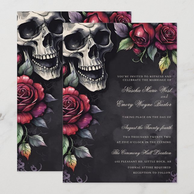 Elegant Gothic Skull & Roses Wedding Einladung (Vorne/Hinten)