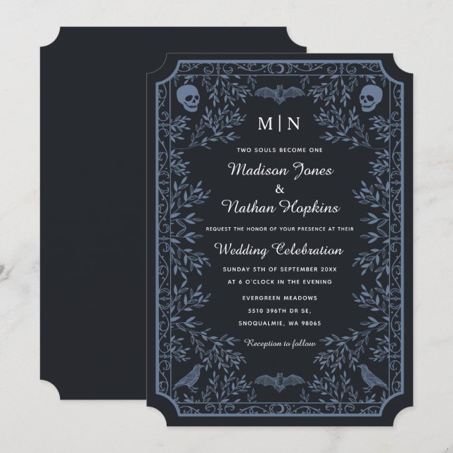 Elegant Gothic Skulls Ravens Wedding Einladung (Vorne/Hinten)