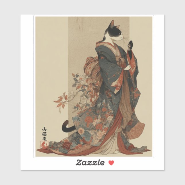 "Elegant Grace" Japanese Cat in Kimono Art Aufkleber (Blatt)