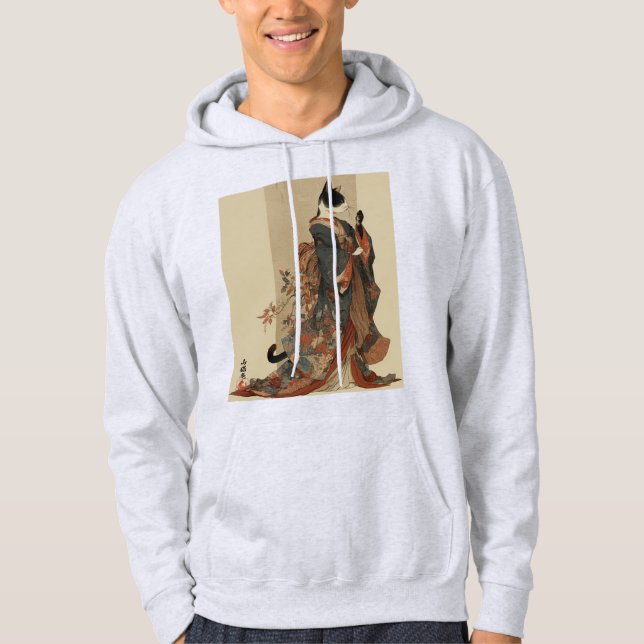 "Elegant Grace" Japanese Cat in Kimono Art Hoodie (Vorderseite)