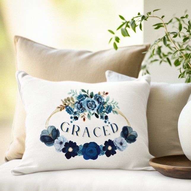 Elegant GRACED Inspirational Blu Floral Aquarell Dekokissen (Von Creator hochgeladen)