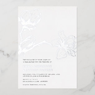 Elegant Graceful Magnolia Wedding White + Silver Folieneinladung