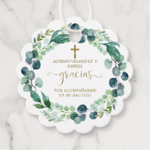 Elegant Gracias Script Greenery Gold Cross Bautizo Geschenkanhänger