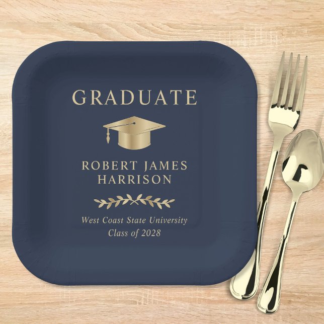 Elegant Grad Cap Blue Gold Graduation Party Pappteller (Von Creator hochgeladen)