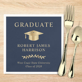 Elegant Grad Cap Blue Gold Graduation Party Serviette