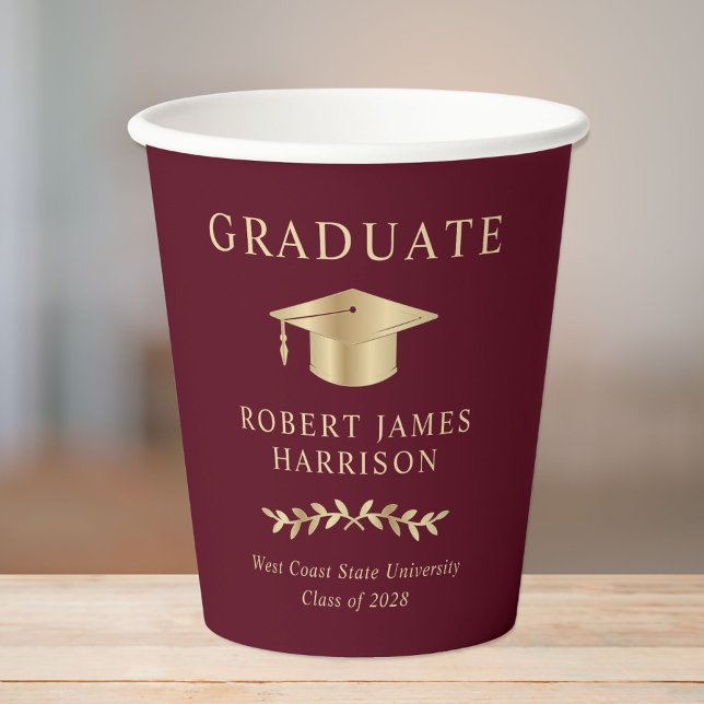 Elegant Grad Cap Burgundy Gold Graduation Party Pappbecher (Von Creator hochgeladen)
