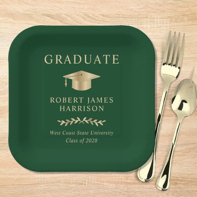 Elegant Grad Cap Green Gold Graduation Party Pappteller (Von Creator hochgeladen)