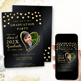 Elegant Grad Foto Black and Gold Abschluss Einladung