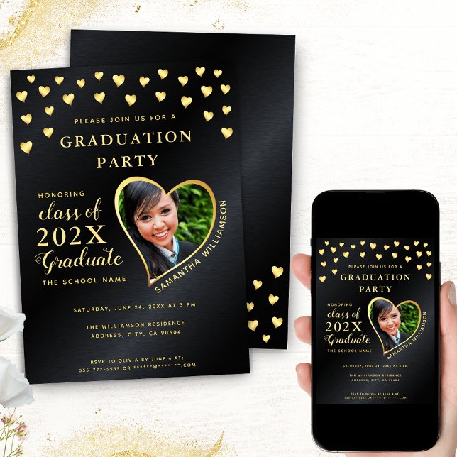 Elegant Grad Foto Black and Gold Abschluss Einladung (Choose your format among these options: Printed; Printed + Instant Download; Instant Download)