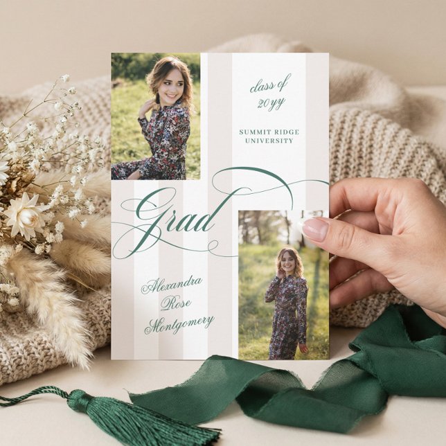Elegant Grad Script French Stripe Photo Graduation Ankündigung (Elegant Grad Script French Stripe Photo Graduation Announcement)
