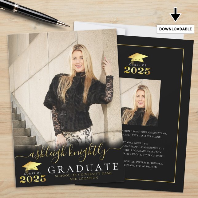 Elegant Graduate 2025 Black Gold Script 2 Fotos Ankündigung (Von Creator hochgeladen)