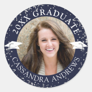 Elegant Graduate Foto Navy Blue Cap Confetti Runder Aufkleber