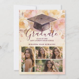 Elegant Graduation Cap 5-Photo Collage Floral Einladung