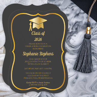 Elegant Graphite | Gold Cap Graduation Party Einladung