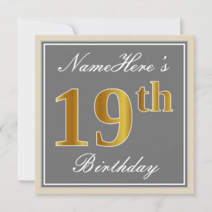 Elegant, Grau, Falsches Gold 19. Geburtstag + Name Einladung