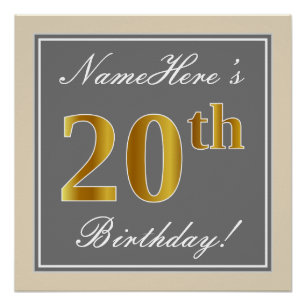 Elegant, Grau, Falsches Gold 20. Geburtstag + Name Poster