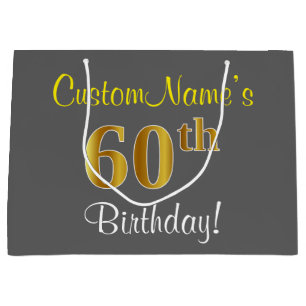 Elegant, grau, Imitat-Gold60. Geburtstag + Name Große Geschenktüte