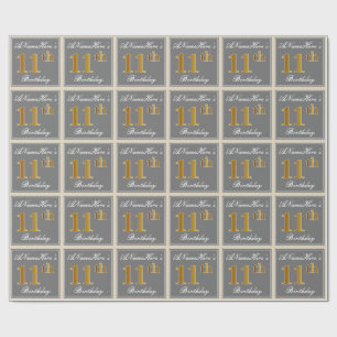 Elegant, grau, Imitate Gold 11. Geburtstag + Name Geschenkpapier