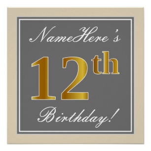 Elegant, grau, Imitate Gold 12. Geburtstag + Name Poster