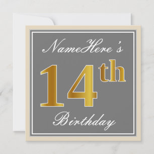 Elegant, grau, Imitate Gold 14. Geburtstag + Name Einladung