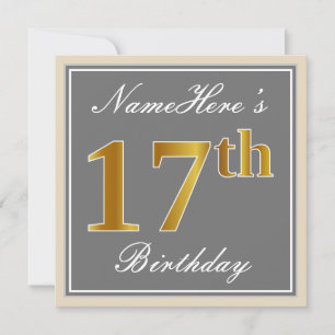 Elegant, grau, Imitate Gold 17. Geburtstag + Name Einladung