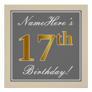 Elegant, grau, Imitate Gold 17. Geburtstag + Name Poster
