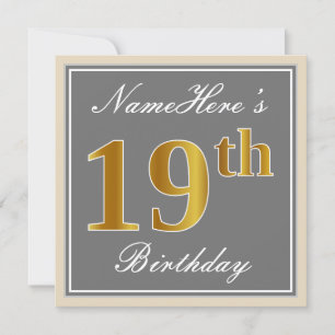 Elegant, grau, Imitate Gold 19. Geburtstag + Name Einladung