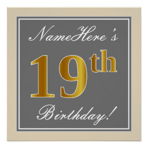 Elegant, grau, Imitate Gold 19. Geburtstag + Name Poster