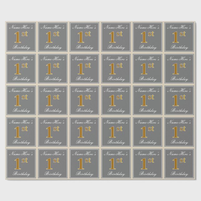 Elegant, grau, Imitate Gold 1. Geburtstag; Individ Geschenkpapier (Flach)
