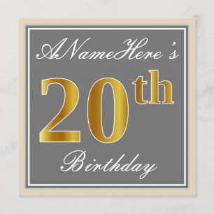 Elegant, grau, Imitate Gold 20. Geburtstag + Name Einladung