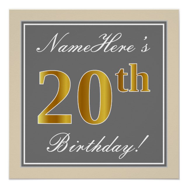 Elegant, grau, Imitate Gold 20. Geburtstag + Name Poster (Vorderseite)