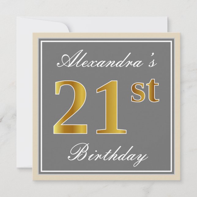 Elegant, grau, Imitate Gold 21. Geburtstag + Name Einladung (Vorderseite)