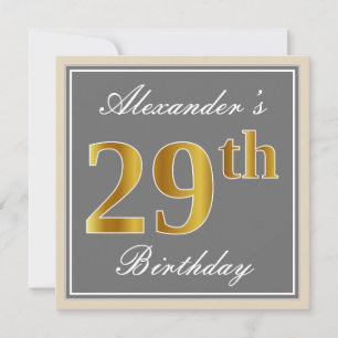 Elegant, grau, Imitate Gold 29. Geburtstag + Name Einladung