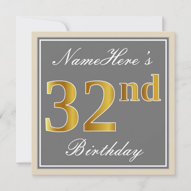 Elegant, grau, Imitate Gold 32. Geburtstag + Name Einladung (Vorderseite)